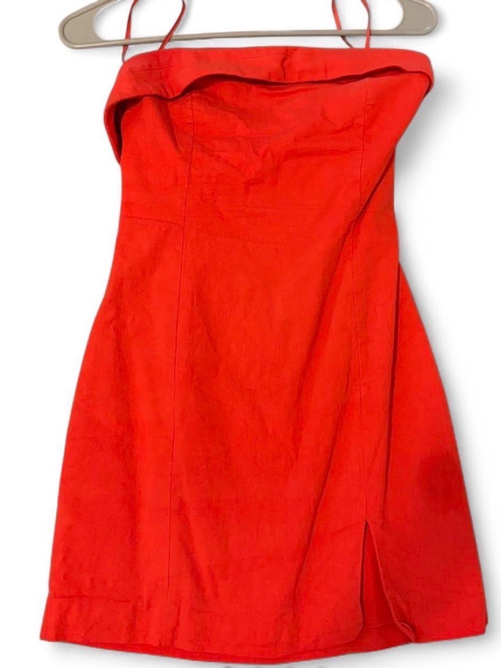 MABLE strapless fold-over bodycon mini dress with slit - red orange - Size M